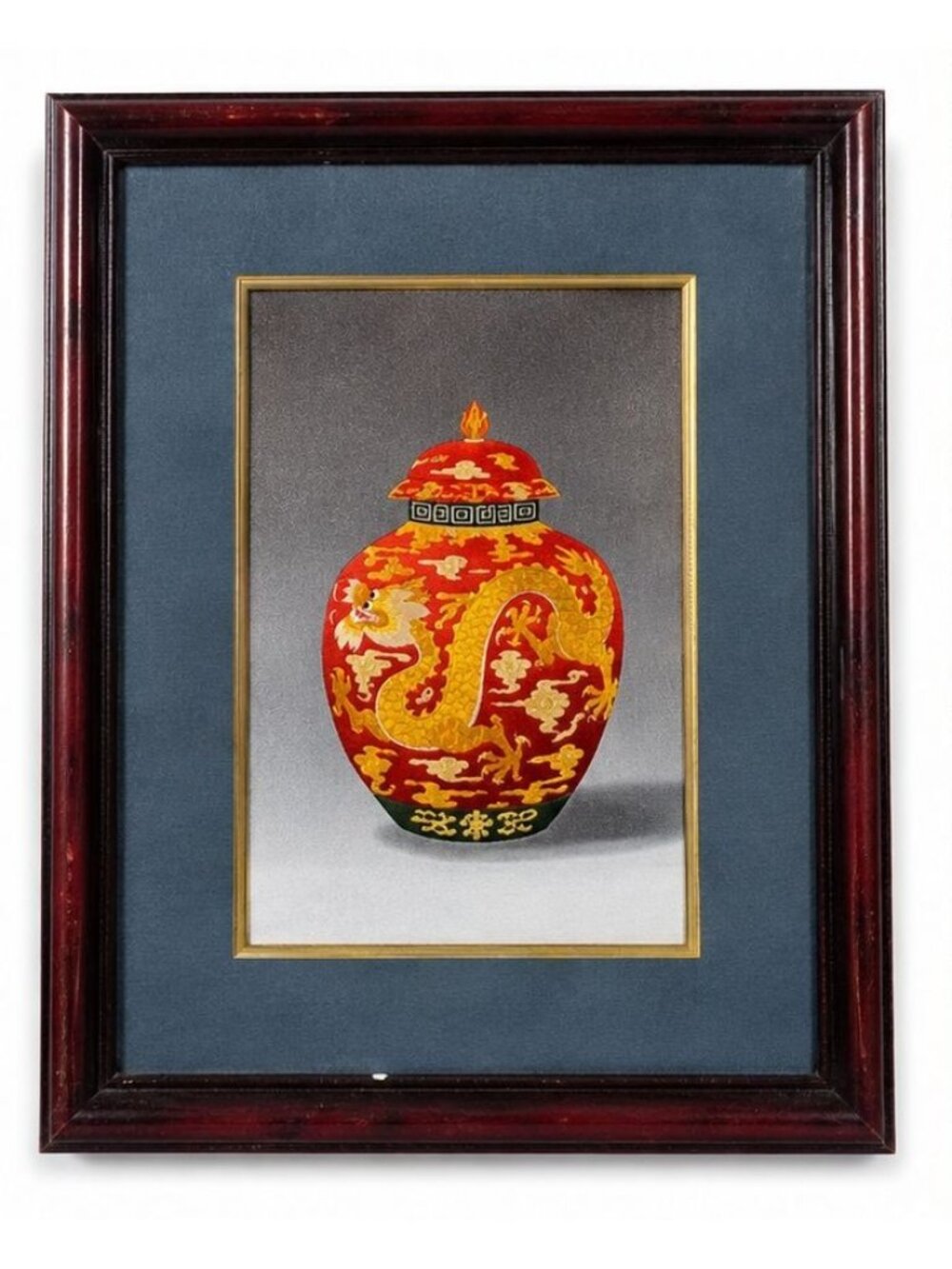 Vintage Chinese Silk Embroidery Dragon Vase Framed Wall Art 18x14 Red Gold Texti - Picture 1 of 4